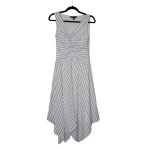 MAGGY LONDON Fit Flare Midi Dress Sz 2 Rope Stripe Asymmetrical Hem Bubble Crepe